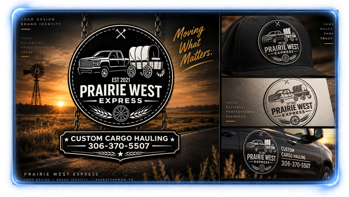 Prairie West Express logo and brand identity designed by YXE Web Studios